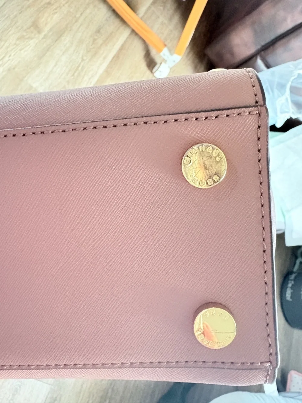 Michael Kors Selma Studded Medium Saffiano Leather Satchel Pink Gold Hardware